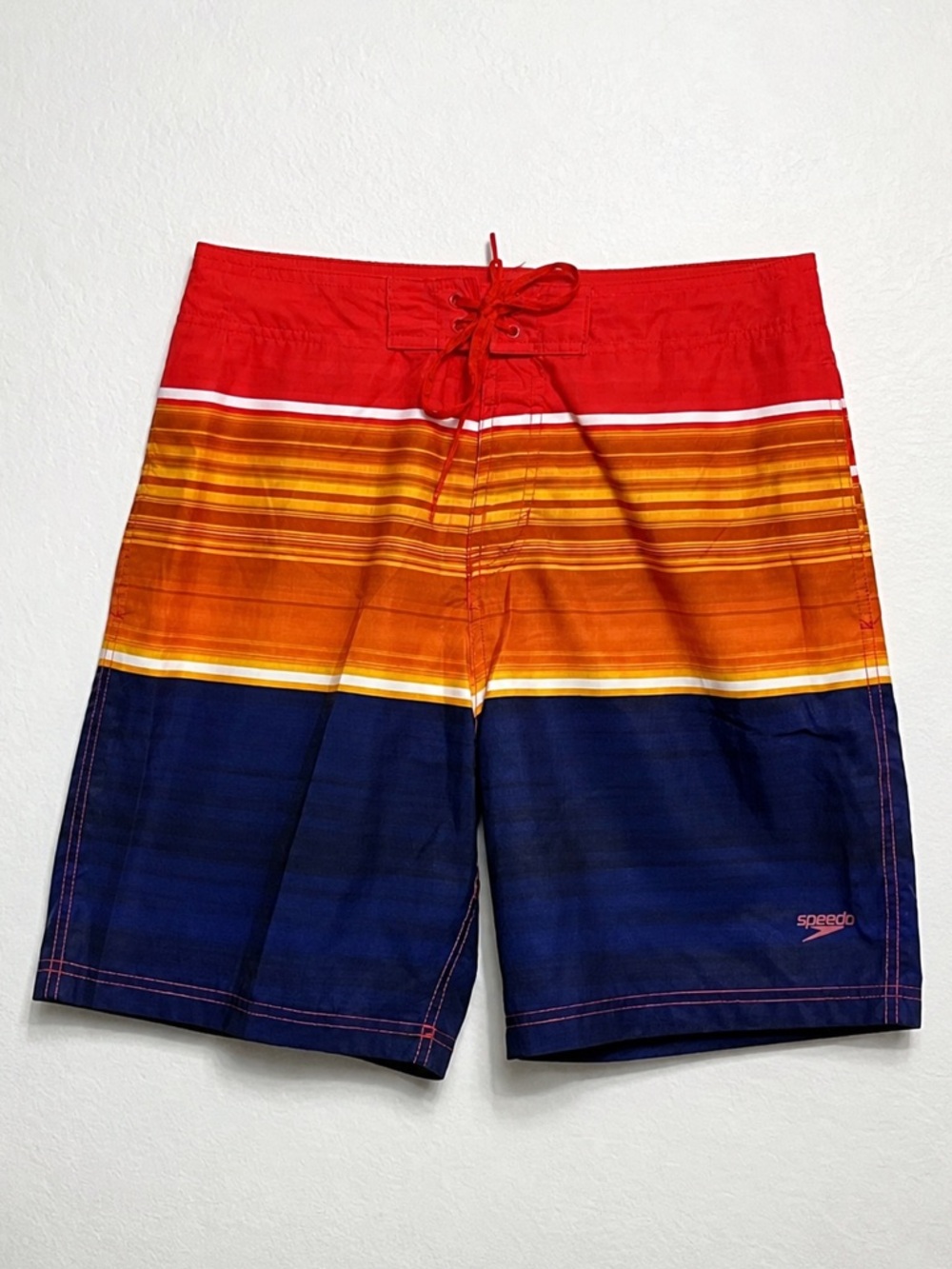 SPEEDO Barrier Beach Board Shorts Mens Small Orange Navy Stripe Swim Trunks